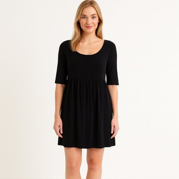 Garnet Hill Black Babydoll Jersey Dress Scoop Neck Elbow Sleeve Stretch Dress L - Picture 11 of 11